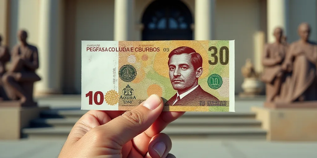 a ten thousand mexican peso bill is shown in front of a building with statues of people on it, Aquir