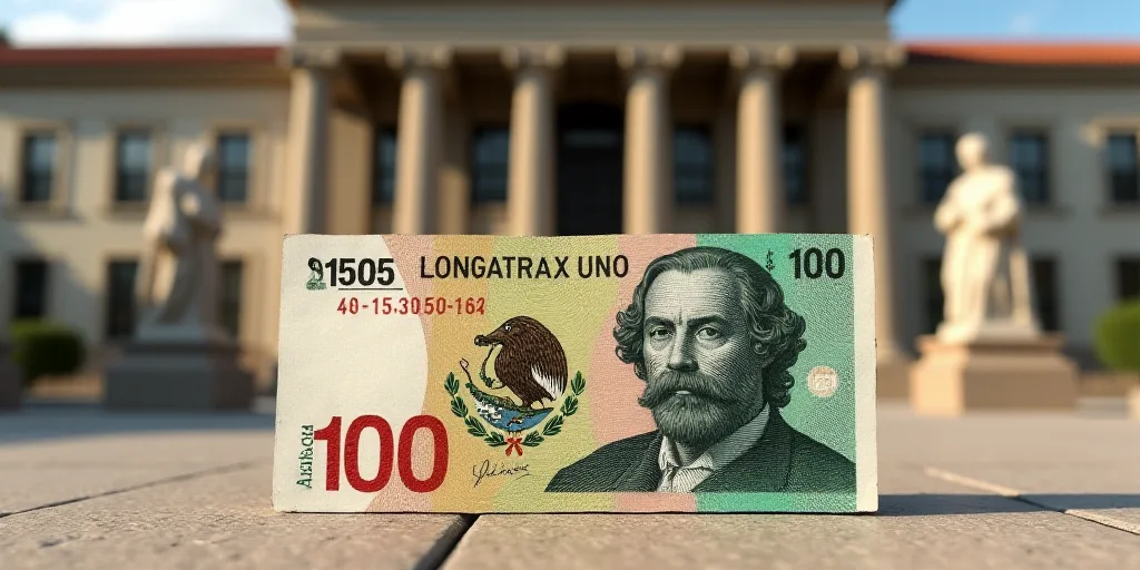 a ten thousand mexican peso bill is shown in front of a building with statues of people on it, Aquir