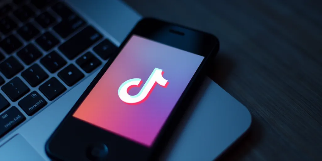 a tiktok logo is displayed on a phone next to a laptop keyboard in this photo illustration taken in