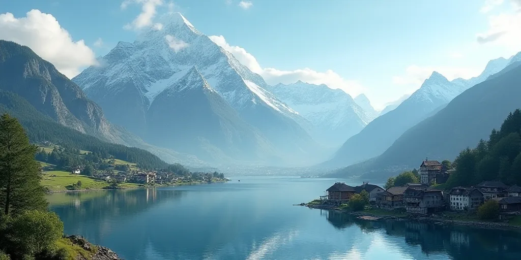 a town with a mountain range in the background and a body of water in the foreground with snow cappe