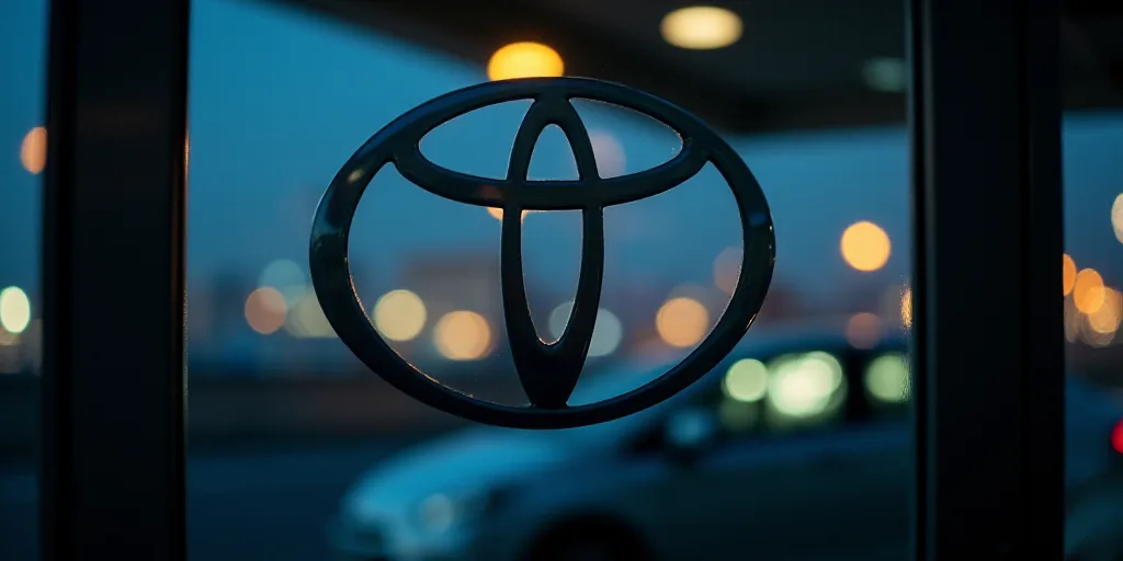 a toyota logo is shown on a glass door of a building at night time with a car in the background, Ai-