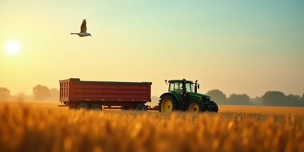 a tractor and a tractor trailer in a field with a bird flying overhead in the background and a plane