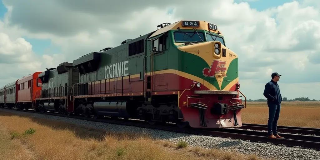 a train engineer standing next to a train on the tracks with another man standing next to it and ano