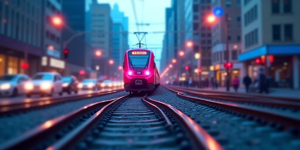 a train is coming down the tracks in a city area with traffic on the other side of the track, Ella G