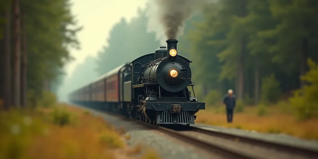 a train is going down the tracks in the woods and grass, with a man standing on the side of the trac