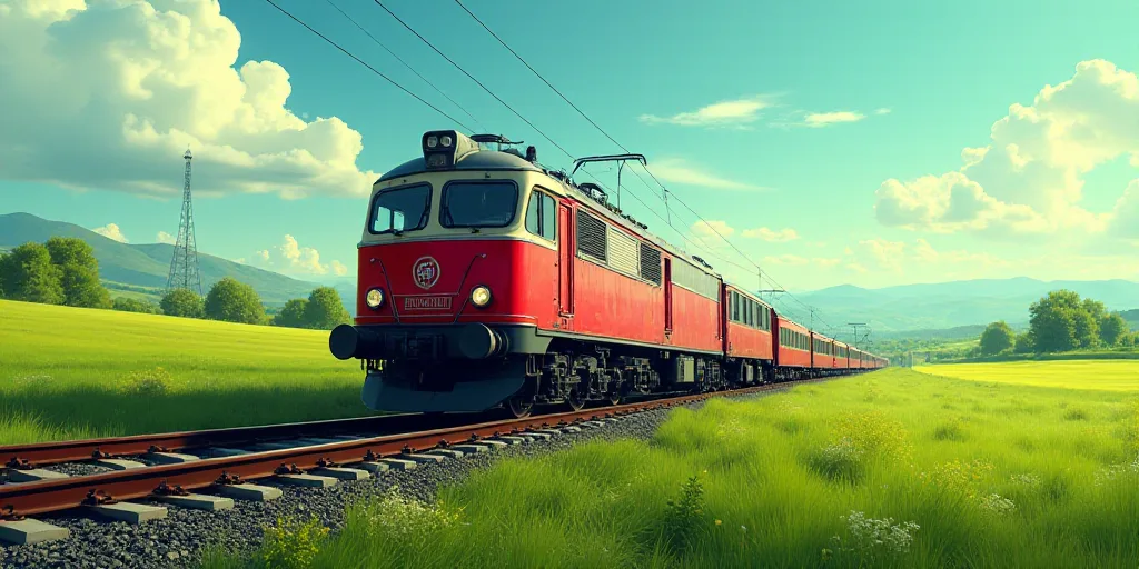 a train is traveling down the tracks in the country side area of the country side, with a green fiel