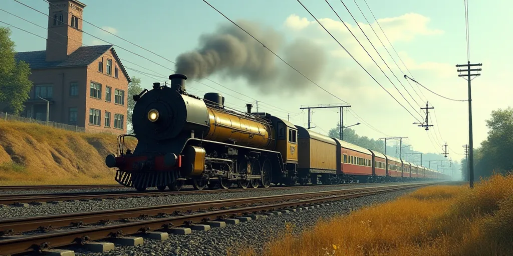 a train is traveling down the tracks near a building and a hill of dirt and grass on the side of the