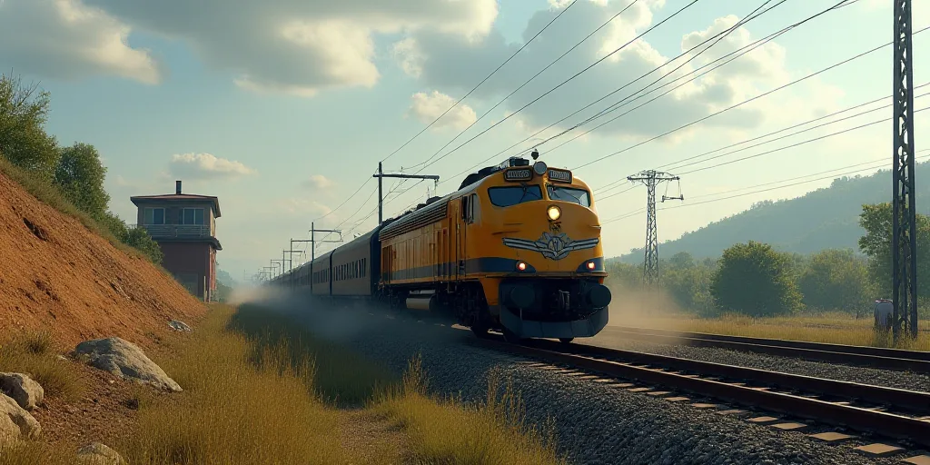 a train is traveling down the tracks near a building and a hill of dirt and grass on the side of the