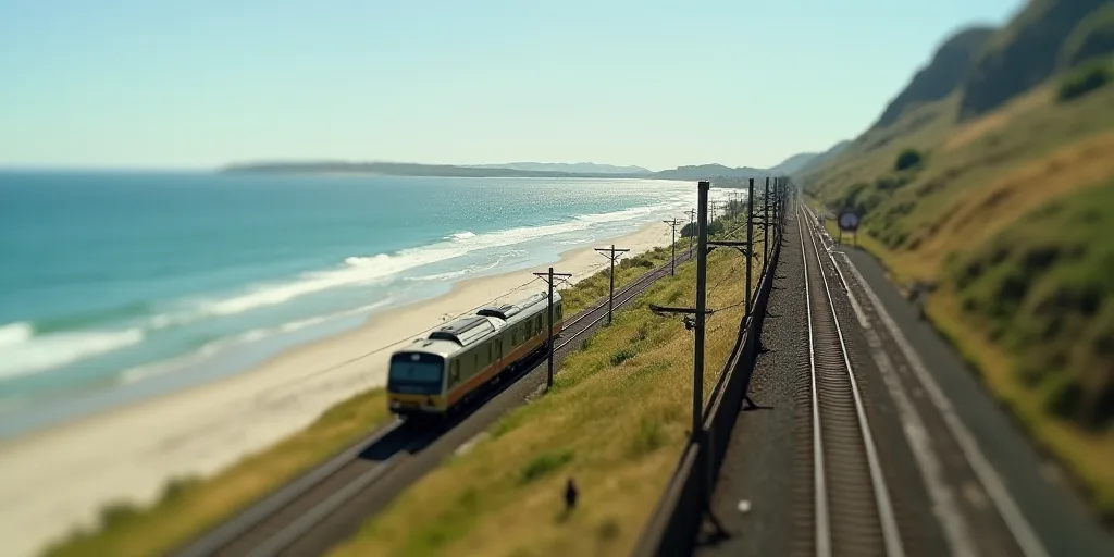 a train is traveling on a track near a bridge and a beach area with a large body of water, Eduardo L