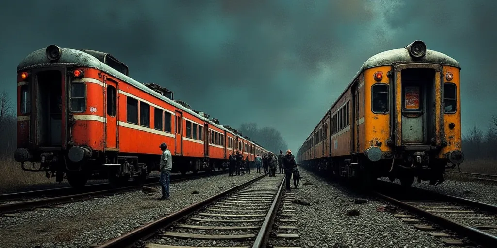 a train that is sitting on the tracks in the dark with people standing around it and a train that is