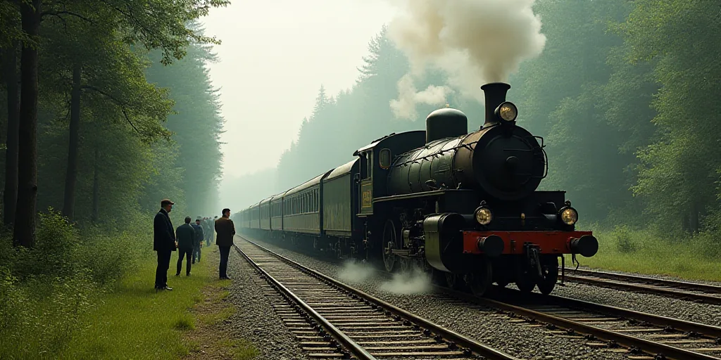 a train that is sitting on the tracks near a forest and people standing around it and a man standing