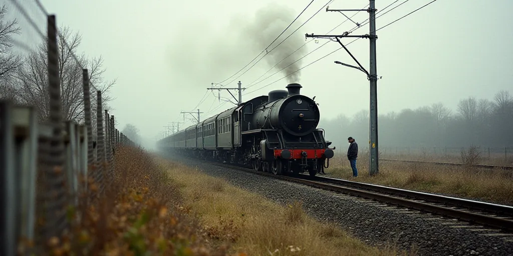 a train that is sitting on the tracks near a fence and a person standing next to it and a train is o