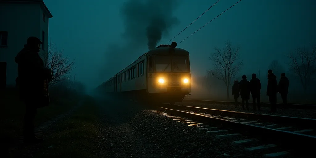 a train that is sitting on the tracks at night with people standing around it and a light on the tra