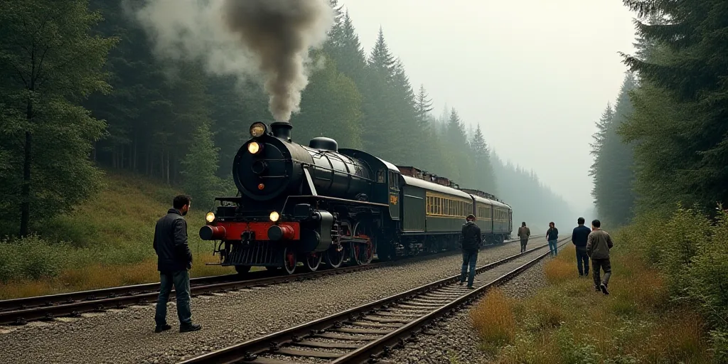 a train that is sitting on the tracks near a forest and people standing around it and a man standing