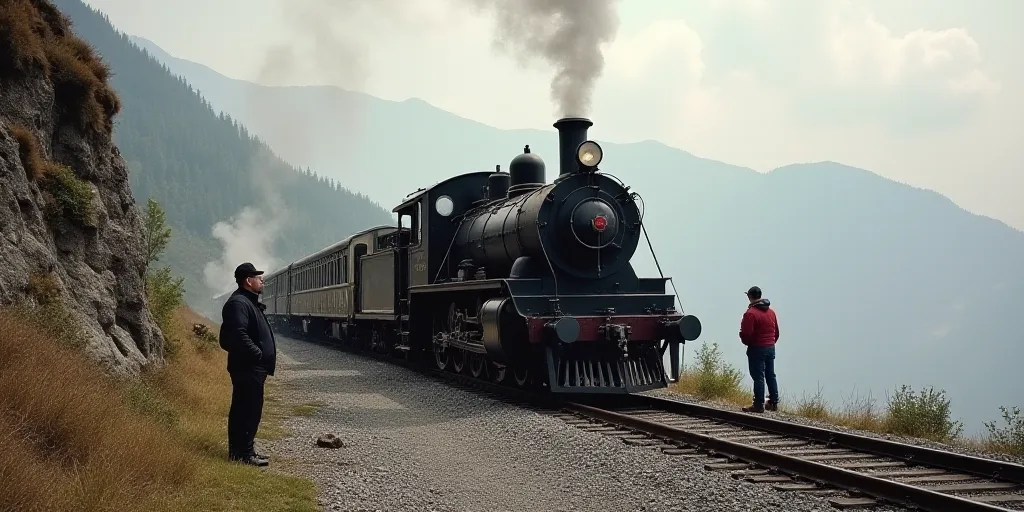 a train that is sitting on the tracks near a mountain side with people standing around it and a man