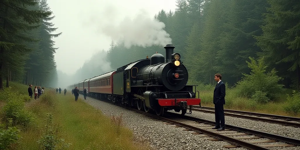a train that is sitting on the tracks near a forest and people standing around it and a man standing