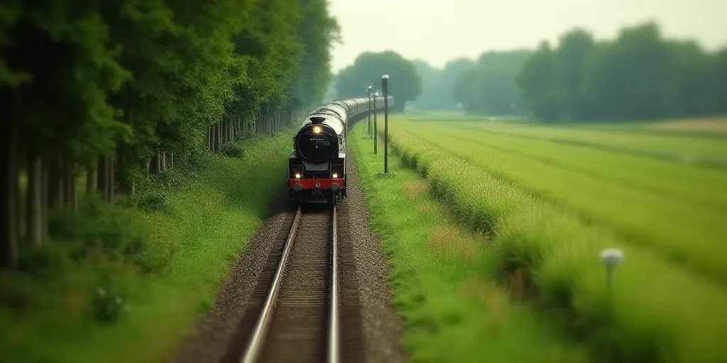 a train traveling down tracks next to a lush green field and a lush green field with trees on both s