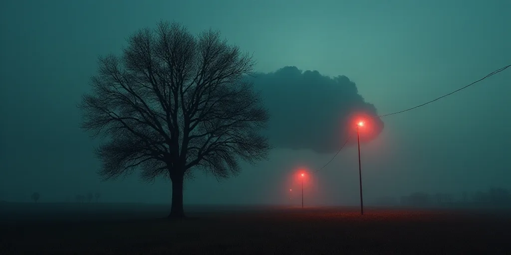 a tree with a cloud in the sky behind it and a street light in the distance with a red light on, Ark