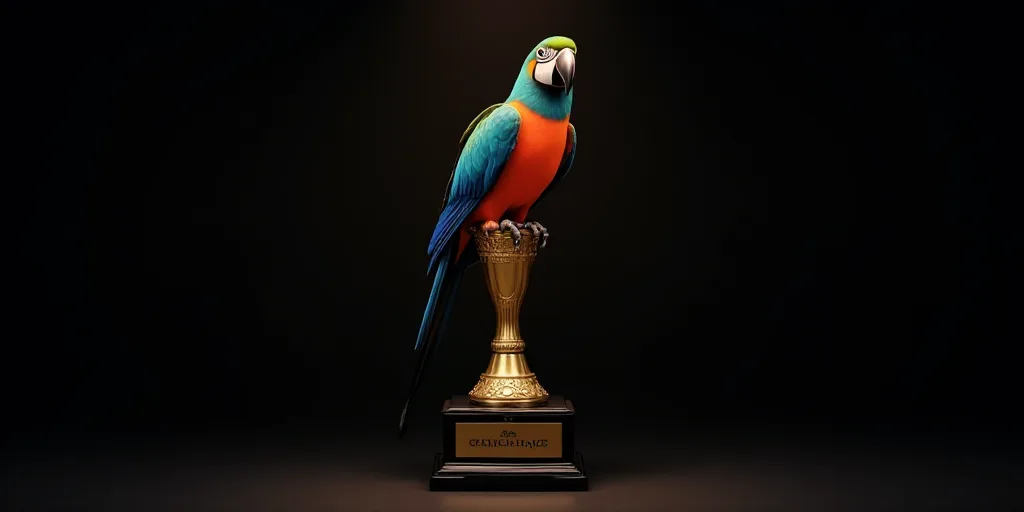 a trophy with a colorful bird on it and a black background with a gold trophy on it and a black back