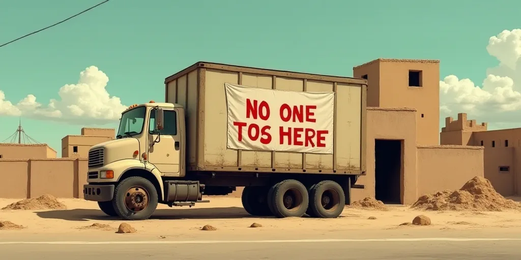 a truck is parked in front of a building with a sign on it that says, no one is there, Ahmed Yacoubi