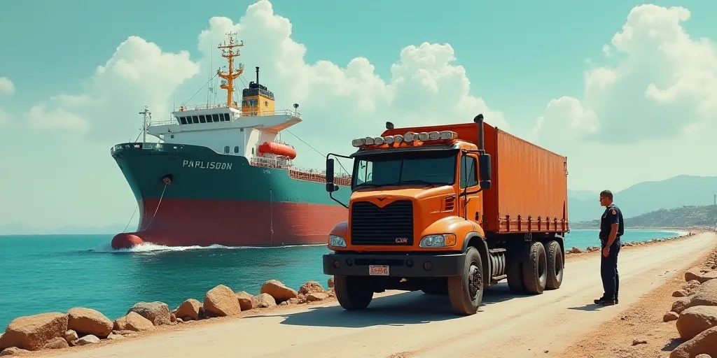 a truck is parked next to a large boat in the water and a man in uniform is standing next to it, Car