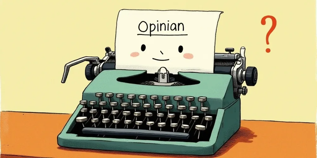 a typewriter with a face drawn on it and a caption for the words opinion and a question, Edward Otho
