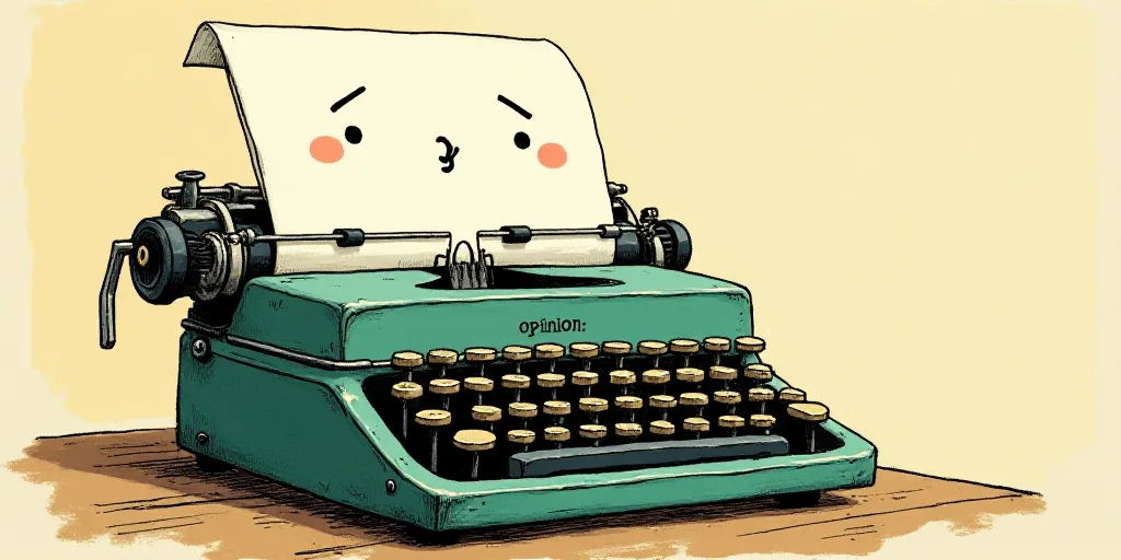 a typewriter with a face drawn on it and a caption for the words opinion and a question, Edward Otho