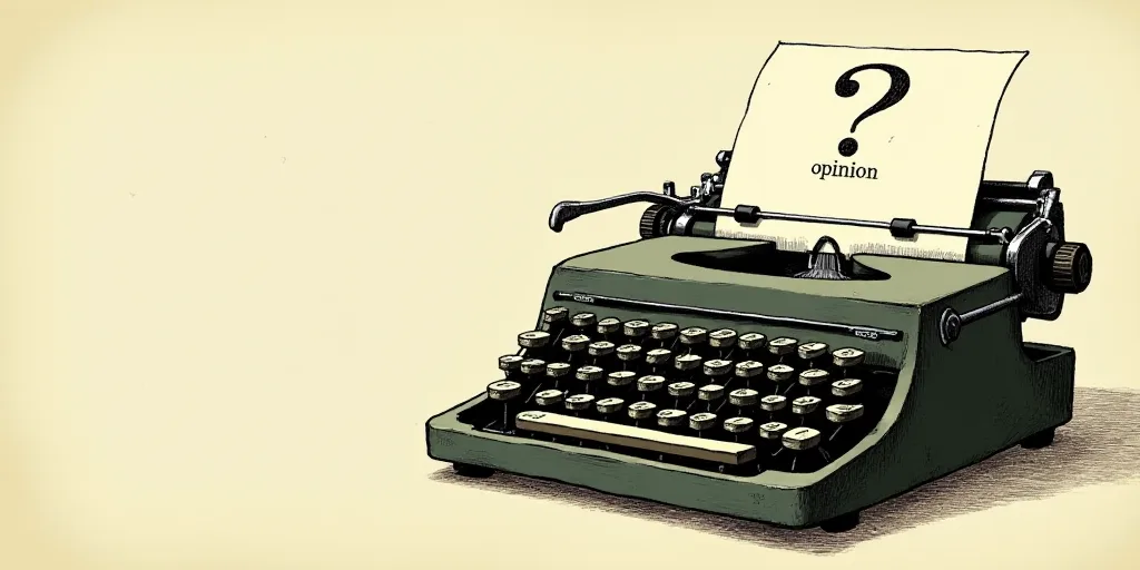 a typewriter with a face drawn on it and a caption for the words opinion and a question, Edward Otho