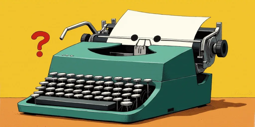 a typewriter with a face drawn on it and a caption for the words opinion and a question, Edward Otho