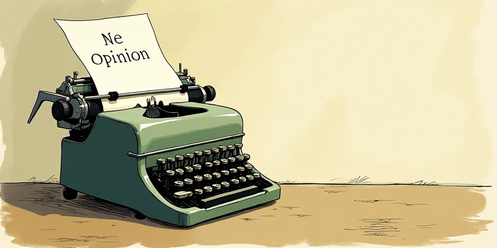 a typewriter with a face drawn on it and a caption for the words opinion and a question, Edward Otho