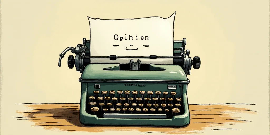 a typewriter with a face drawn on it and a caption for the words opinion and a question, Edward Otho