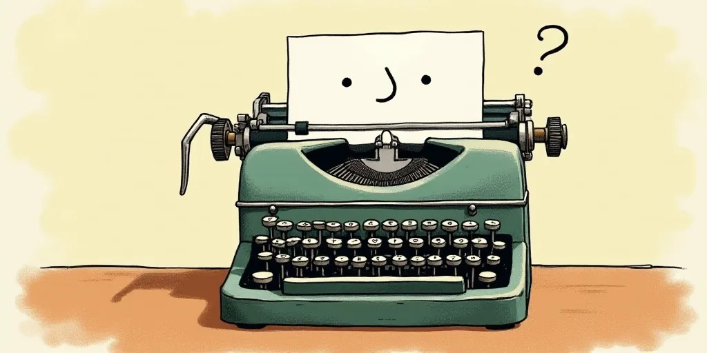 a typewriter with a face drawn on it and a caption for the words opinion and a question, Edward Otho