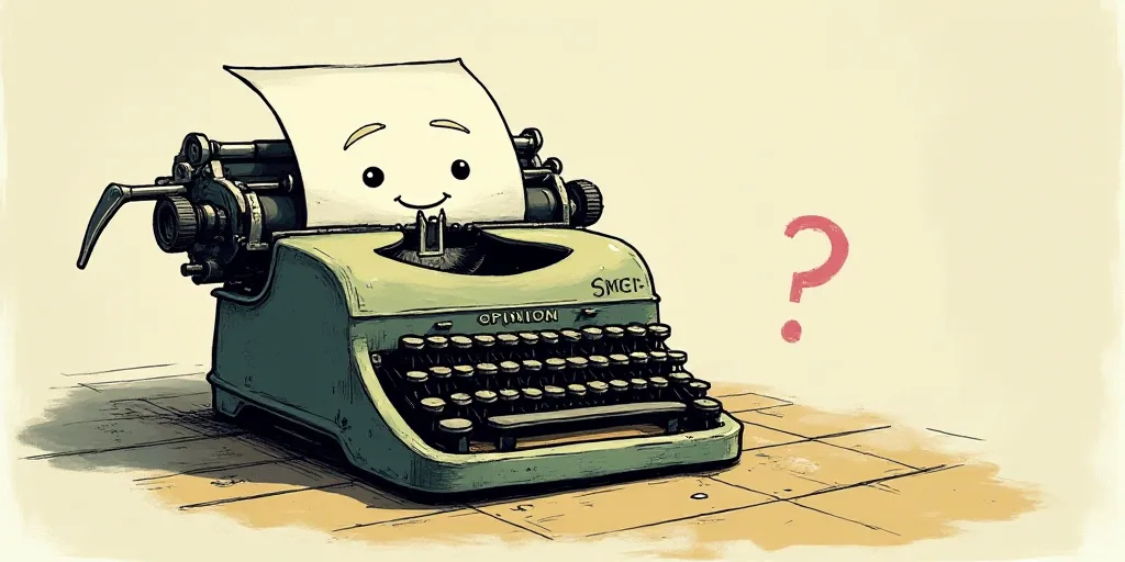 a typewriter with a face drawn on it and a caption for the words opinion and a question, Edward Otho