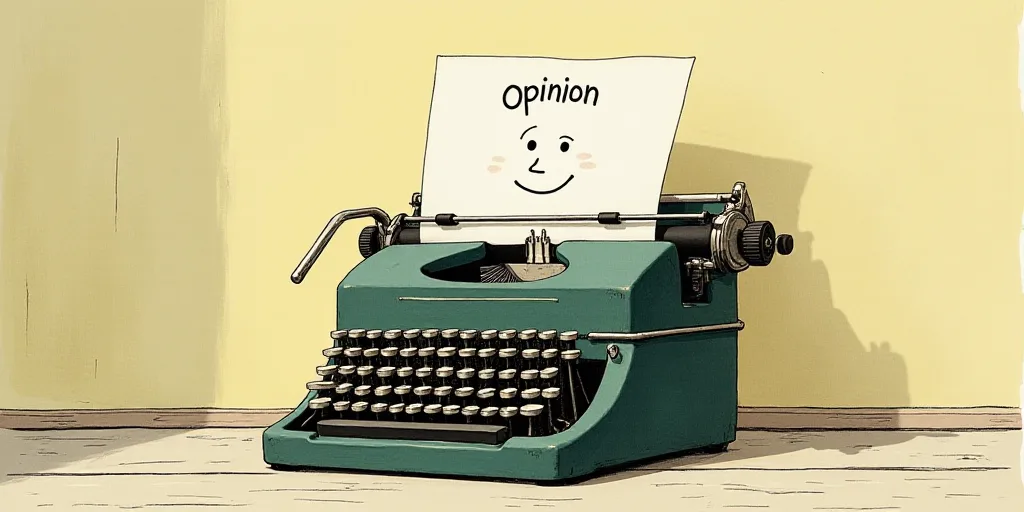 a typewriter with a face drawn on it and a caption for the words opinion and a question, Edward Otho