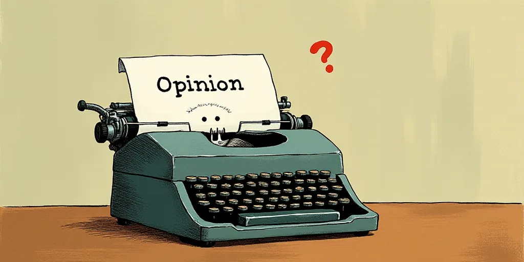 a typewriter with a face drawn on it and a caption for the words opinion and a question, Edward Otho