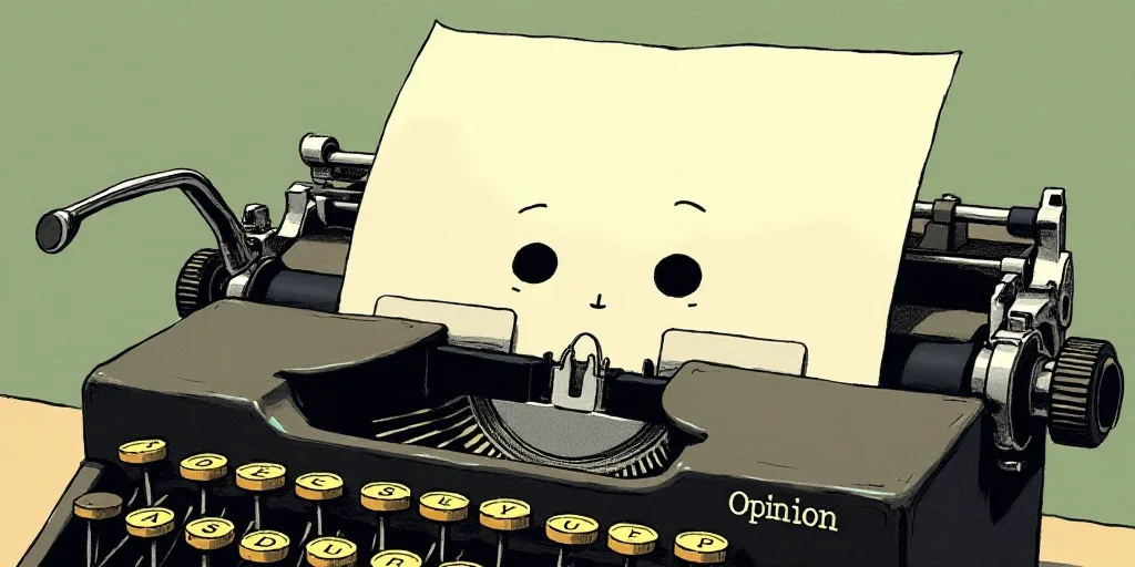 a typewriter with a face drawn on it and a caption for the words opinion and a question, Edward Otho