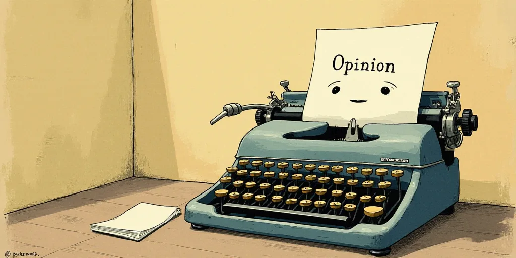 a typewriter with a face drawn on it and a caption for the words opinion and a question, Edward Otho