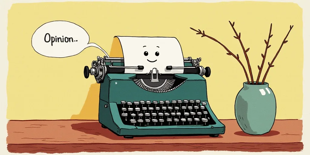 a typewriter with a face drawn on it and a caption for the words opinion and a question, Edward Otho