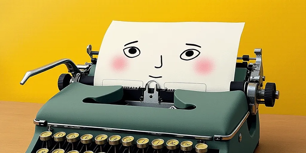 a typewriter with a face drawn on it and a caption for the words opinion and a question, Edward Otho