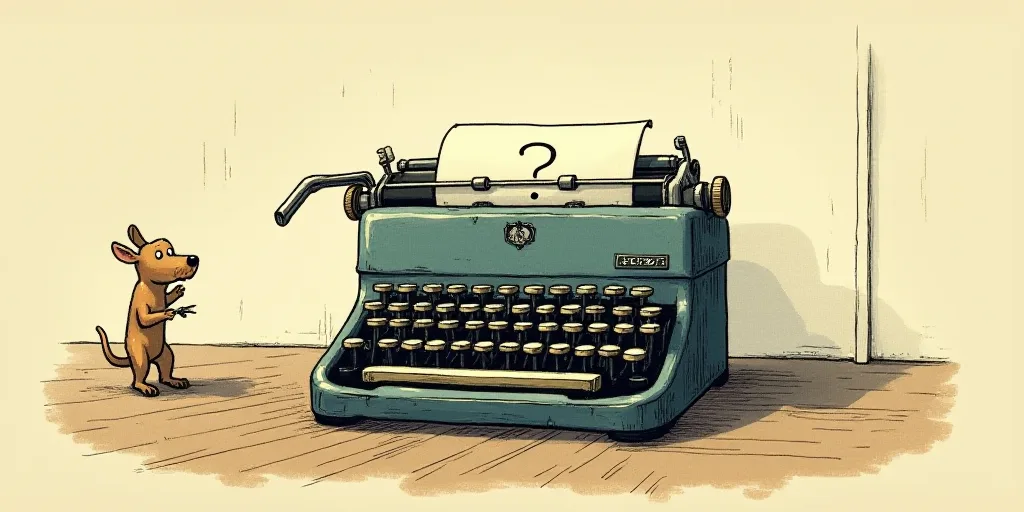 a typewriter with a face drawn on it and a caption for the words opinion and a question, Edward Otho