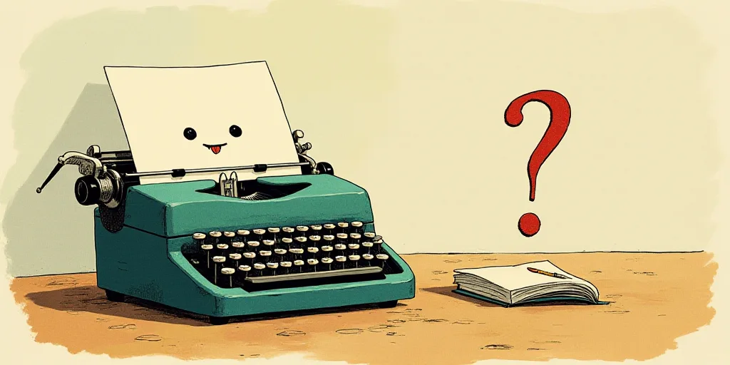 a typewriter with a face drawn on it and a caption for the words opinion and a question, Edward Otho