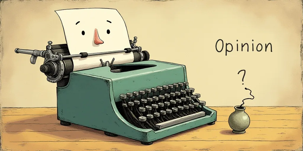a typewriter with a face drawn on it and a caption for the words opinion and a question, Edward Otho
