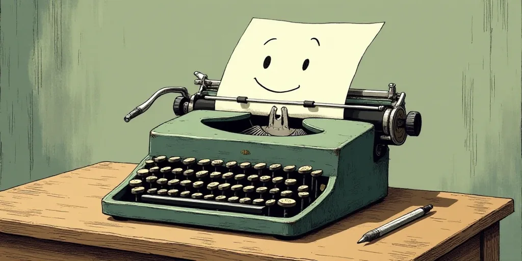 a typewriter with a face drawn on it and a caption for the words opinion and a question, Edward Otho
