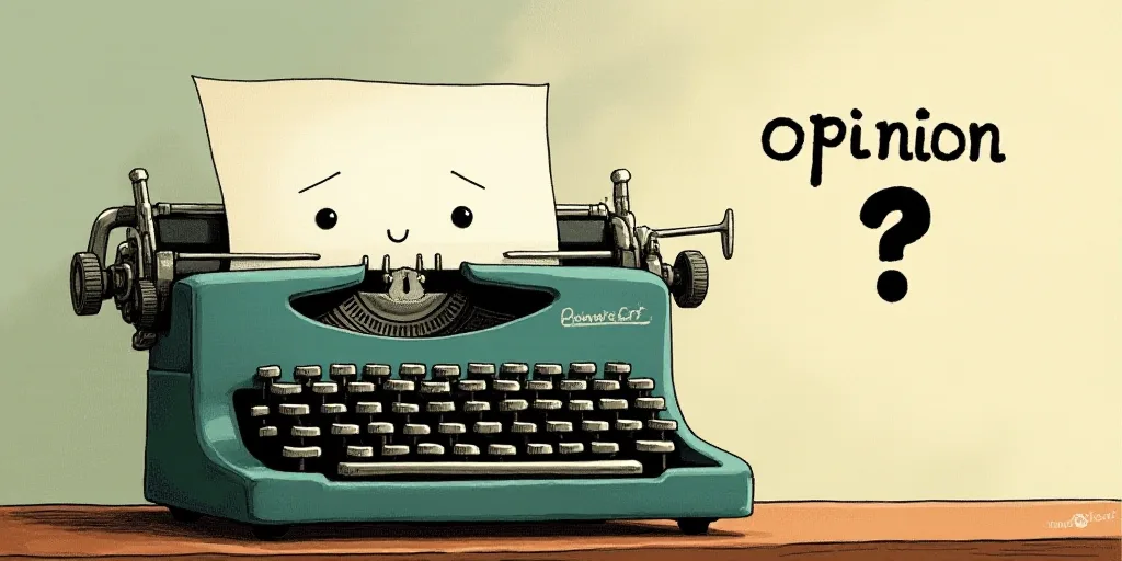 a typewriter with a face drawn on it and a caption for the words opinion and a question, Edward Otho