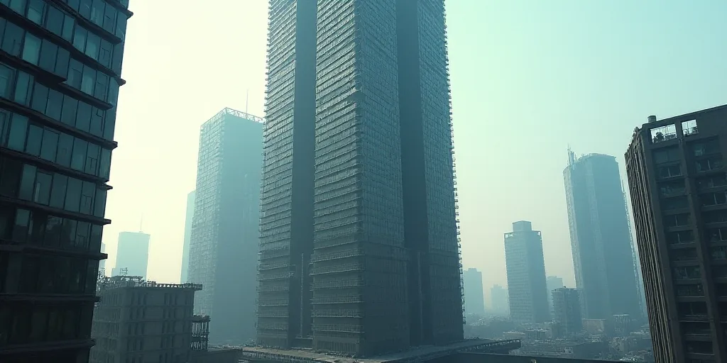 a very tall building with a lot of windows on top of it in a city with tall buildings in the backgro