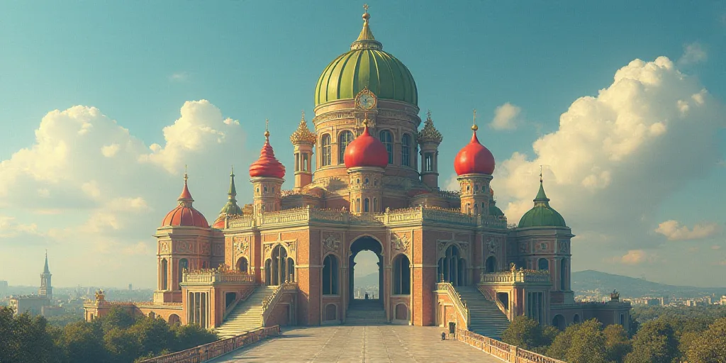 a very tall building with some very colorful domes on it's sides and a clock on the top, Boris Vladi