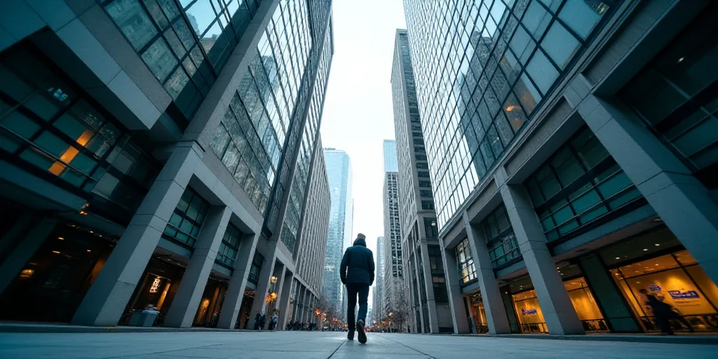 a view of a city from the ground looking up at tall buildings and skyscrapers in the background with