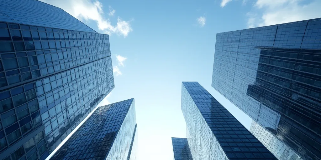 a view of a city with tall buildings and a blue sky in the background, looking up at the sky, Enguer