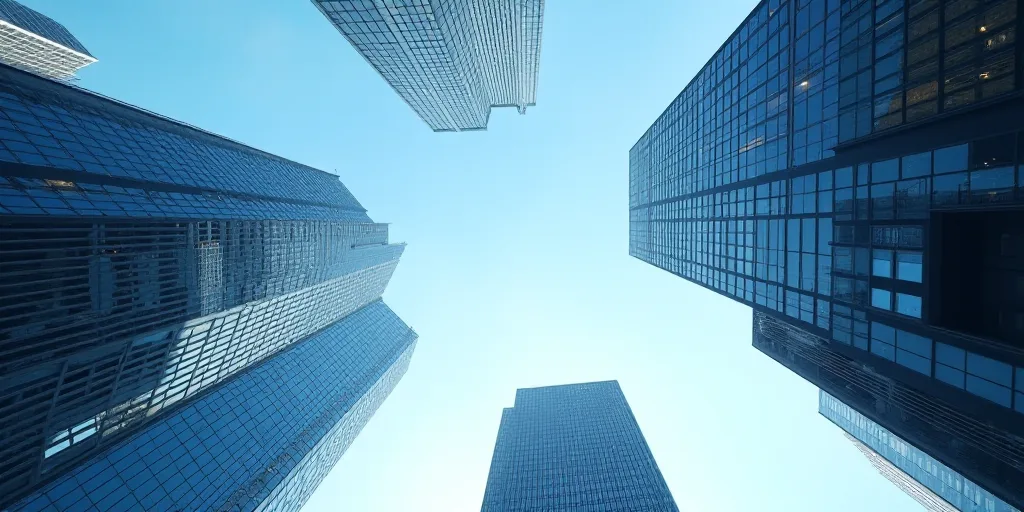 a view of a city with tall buildings and a blue sky in the background, looking up at the sky, Erlund