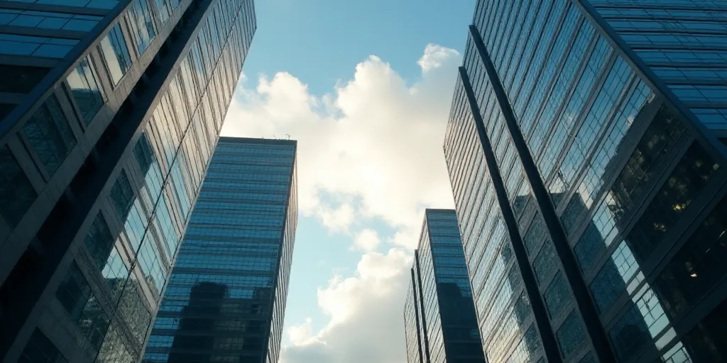 a view of a city with tall buildings and a sky background with clouds and sun shining through the wi